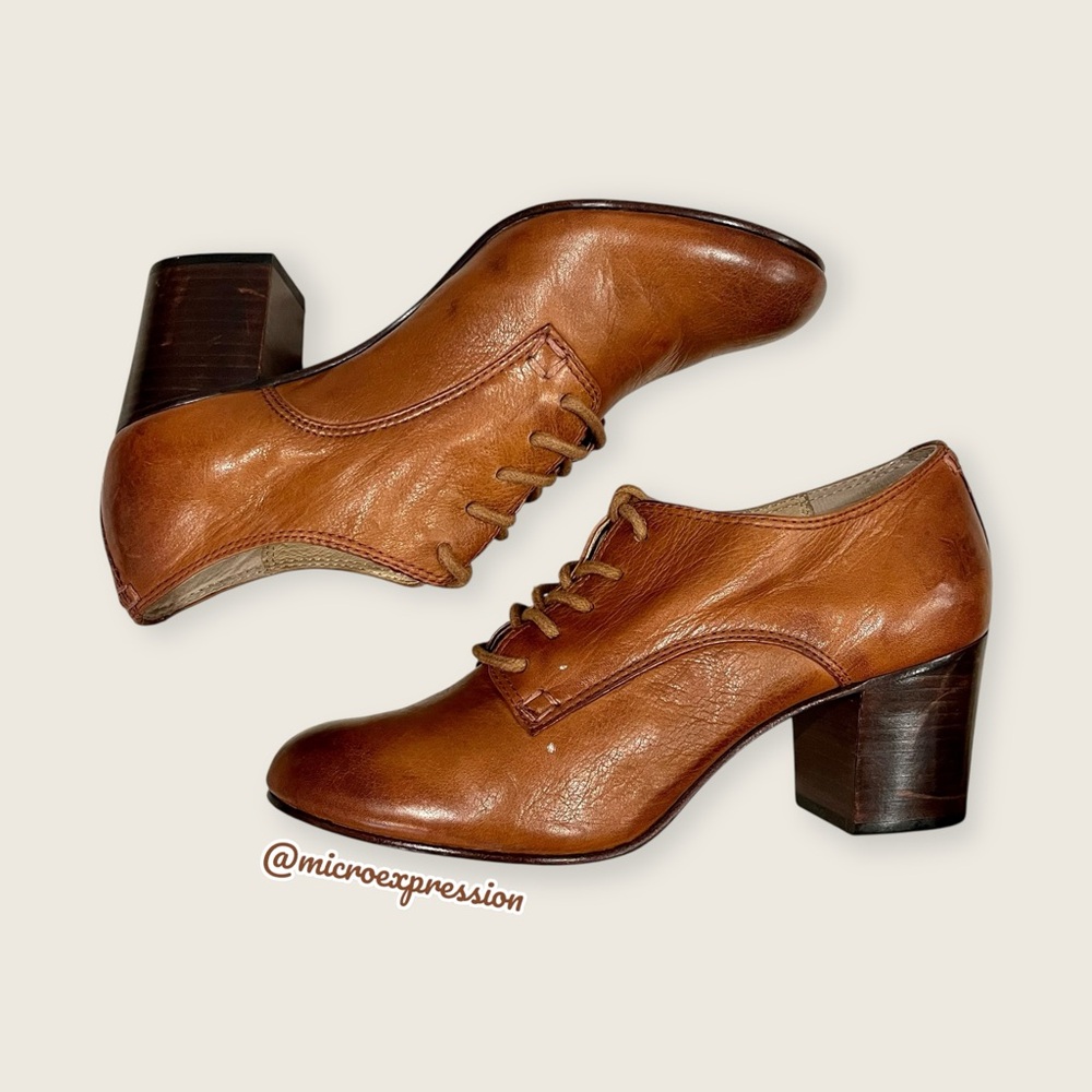 TAYLOR SWIFT Frye Carson Lace-Up Brown Cognac Leather Heeled Oxford Ankle Bootie - Picture 8 of 16